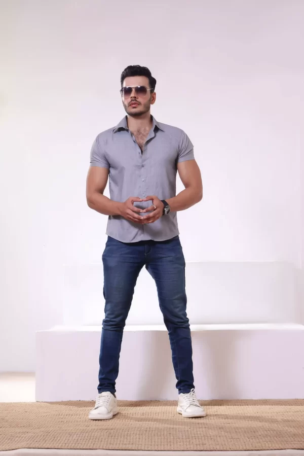 Casual Light Grey Half Sleeves Cotton Shirt Full scaled 1