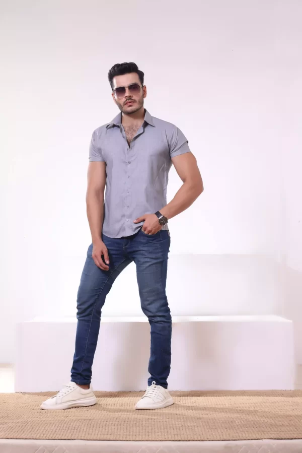 Casual Light Grey Half Sleeves Cotton Shirt Pose scaled 1