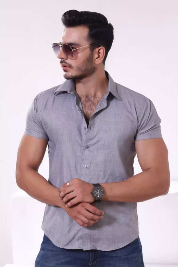 Casual Light Grey Half Sleeves Cotton Shirt scaled 1
