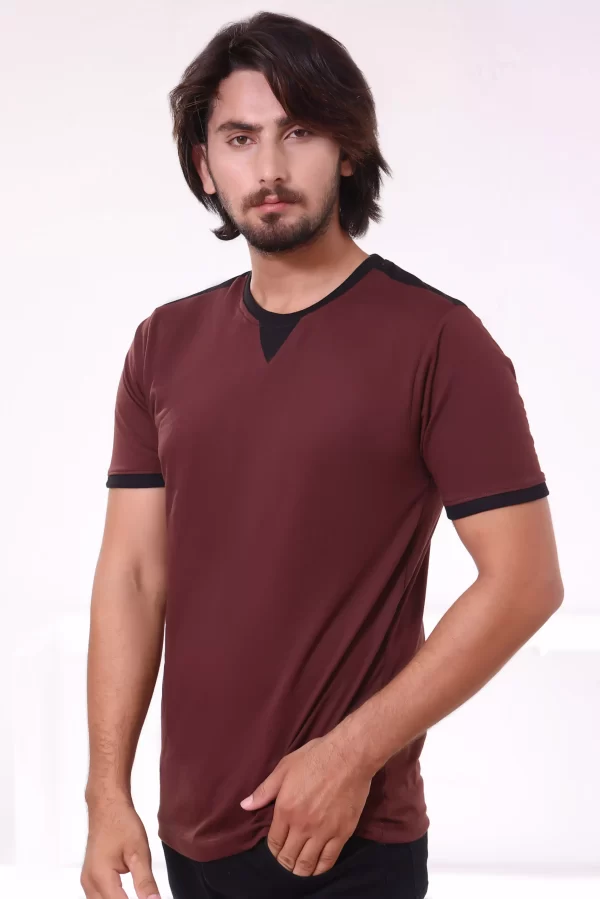 Round Neck Stylish T Shirt Dark Maroon Color Side scaled 1