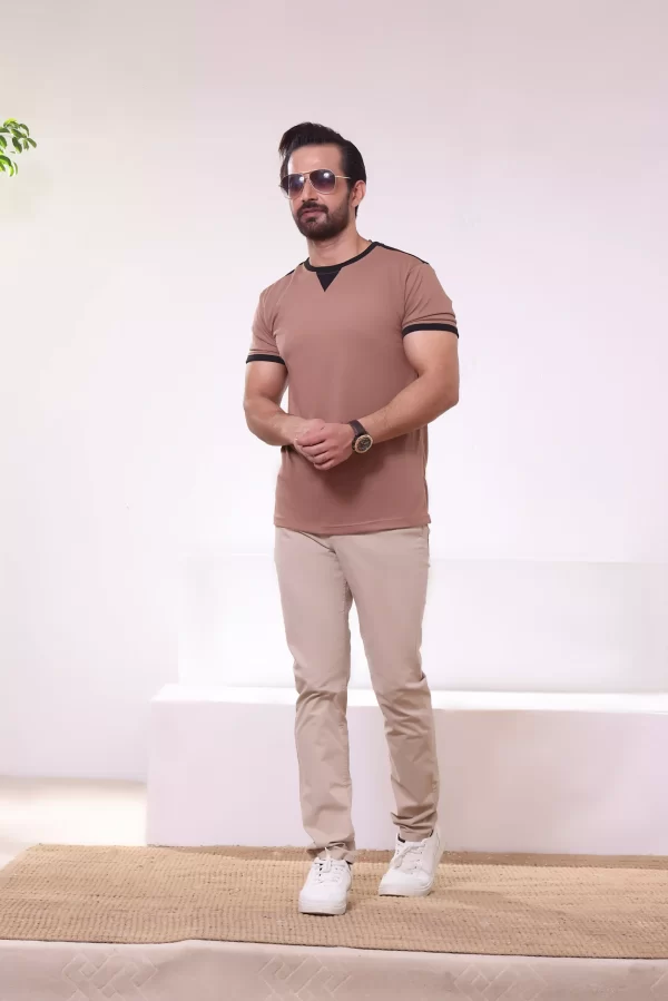 Round Neck Stylish T Shirt Light Brown Color Side Pose scaled 1