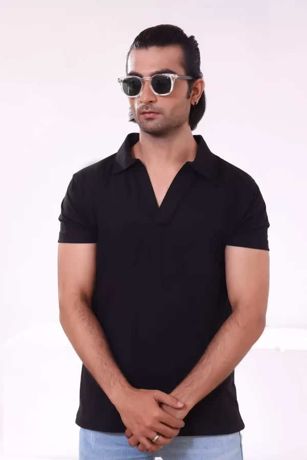 V Polo Black Double Collar Half Sleeve T Shirt Front scaled 1